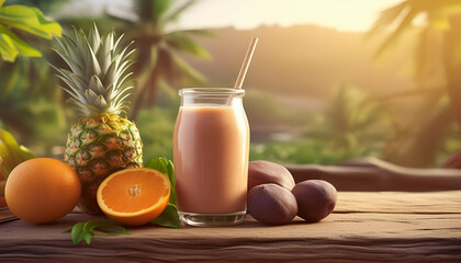 Refreshing tropical smoothie with fresh fruits including pineapple and orange, set against a beautiful sunset in a serene landscape.