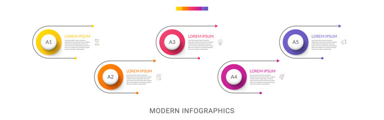 5 step arrows vector infographic. Modern and line infographics business timeline with related circle shapes, colors, icons. Visualization for business presentation, banner, workflow layout, chart
