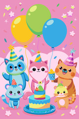 Cute animals celebrating birthday