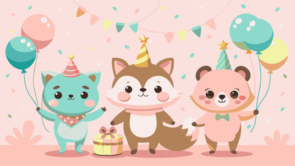 Cute animals celebrating birthday
