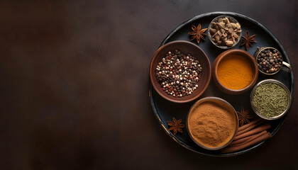 Top view of various colorful spices in bowls on a dark background, showcasing a blend of flavors for culinary use.