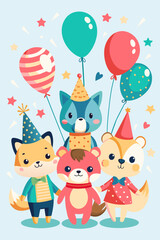 Fototapeta premium Cute animals celebrating birthday