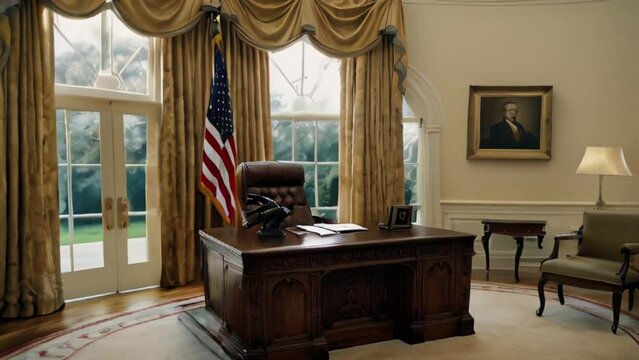 Oval Office, White House, US President Desk, American Flag, Portrait, Interior Design