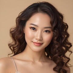 Obraz premium Pretty Asian beauty woman long hair with japanese makeup glowing face and healthy facial skin portrait smile on isolated beige background