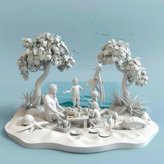 3D model of a family enjoying a beach picnic, summer