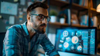 Photo Realistic: Social Media Consultant Optimizing Client s Profile on Computer in Office   Expertise  Profile Enhancement