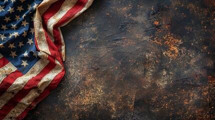 Old weathered American flag on rustic dark textured background symbolizing patriotism, history, and pride. Horizontal layout with copy space.