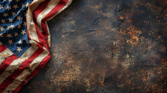 Old weathered American flag on rustic dark textured background symbolizing patriotism, history, and pride. Horizontal layout with copy space.