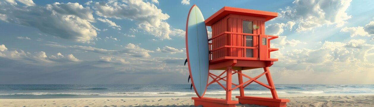 3D model of a lifeguard tower with a surfboard on a beach