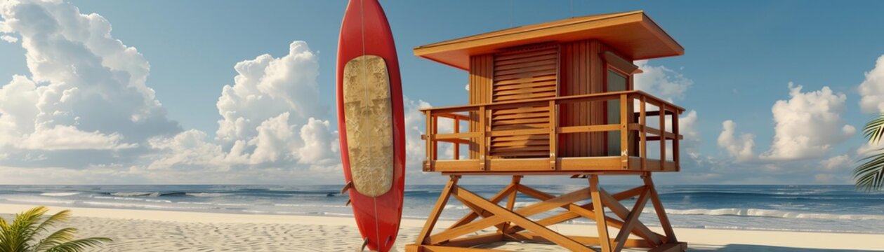3D model of a lifeguard tower with a surfboard on a beach
