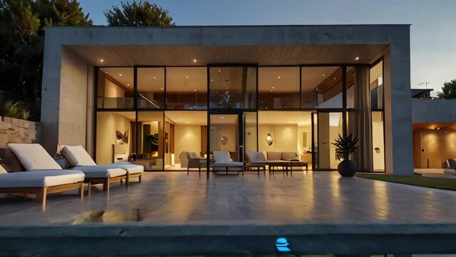Modern House with Large Glass Windows, Outdoor Patio with Pool, Luxury Home Design