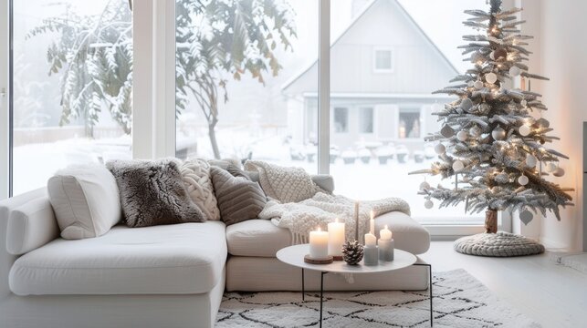Cozy living room with snowy landscape view, Christmas tree and candles. Studio interior photography.