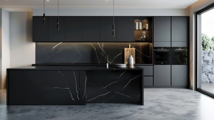 Sleek modern kitchen with black marble countertops and dark cabinetry.