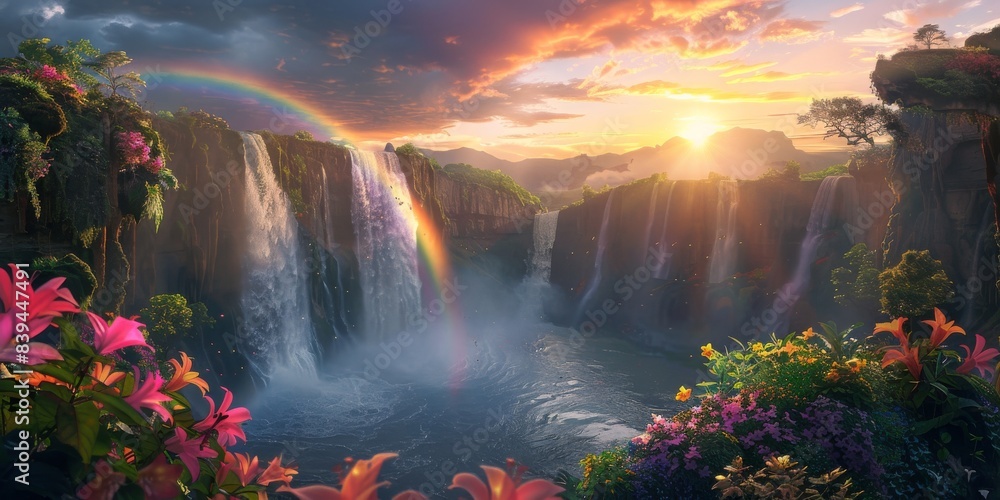 Wall mural Rainbow and waterfall scene in a serene moment