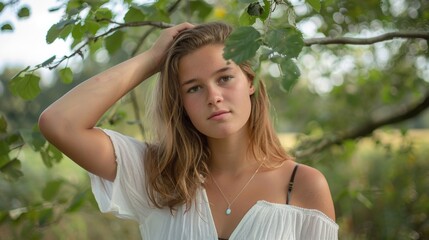 Naklejka premium Serene Young Woman in Nature's Embrace