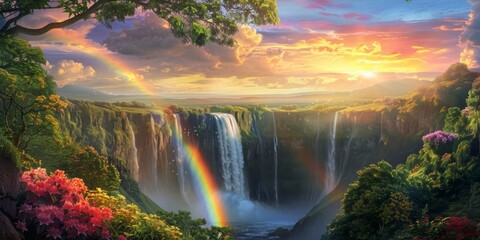 Rainbow and waterfall scene in a peaceful time