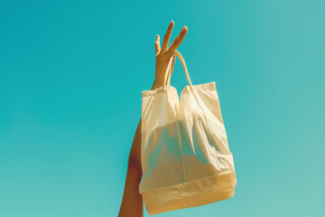 Hand Holding Reusable Bag Against Blue Sky. international plastic bag free day