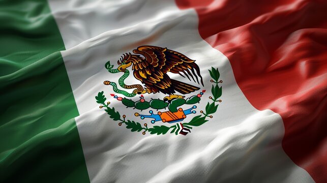Waving Mexican flag with emblem in the center, showcasing the national symbol with vibrant green, white, and red colors. - Powered by Adobe