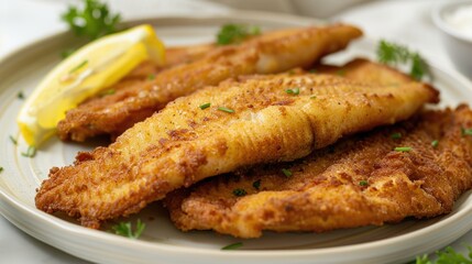 Fried fish fillets with lemon slices and tartar sauce on white plate.