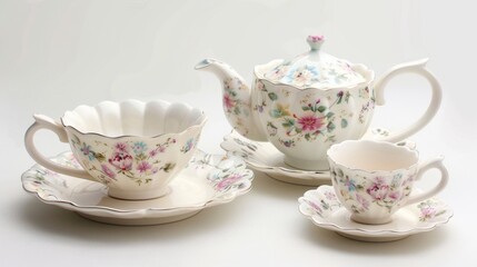 Elegant Floral Porcelain Tea Set on White Background