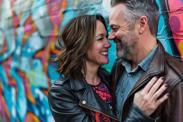 Fototapeta premium Portrait of a grinning couple in their 40s sporting a classic leather jacket in front of colorful graffiti wall