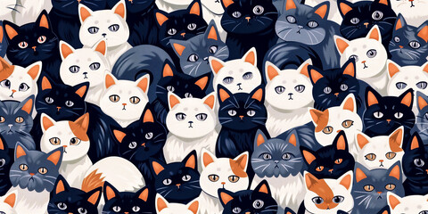 Seamless background with cute cat characters. Children's print for fabric, wrapping paper, textiles, wallpaper and clothing. Watercolor seamless pattern with animal heads. Cute drawn cats