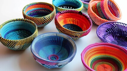 Close-up of colorful woven baskets in a market setting. Studio product photography.
