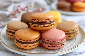Obraz premium A plate of colorful French macaroons, with a light and crispy outer shell and various flavors filled inside 
