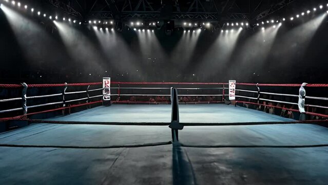 Empty Boxing Ring with Lights and a Blue Canvas