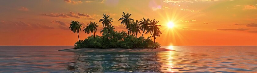 3D model of a tropical island with a sunset, summer