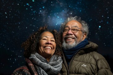 Obraz premium Portrait of a glad mixed race couple in their 60s sporting a quilted insulated jacket isolated in sparkling night sky