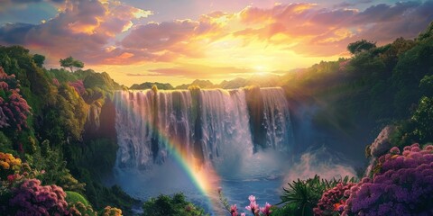 Rainbow and waterfall scene in a tranquil nature