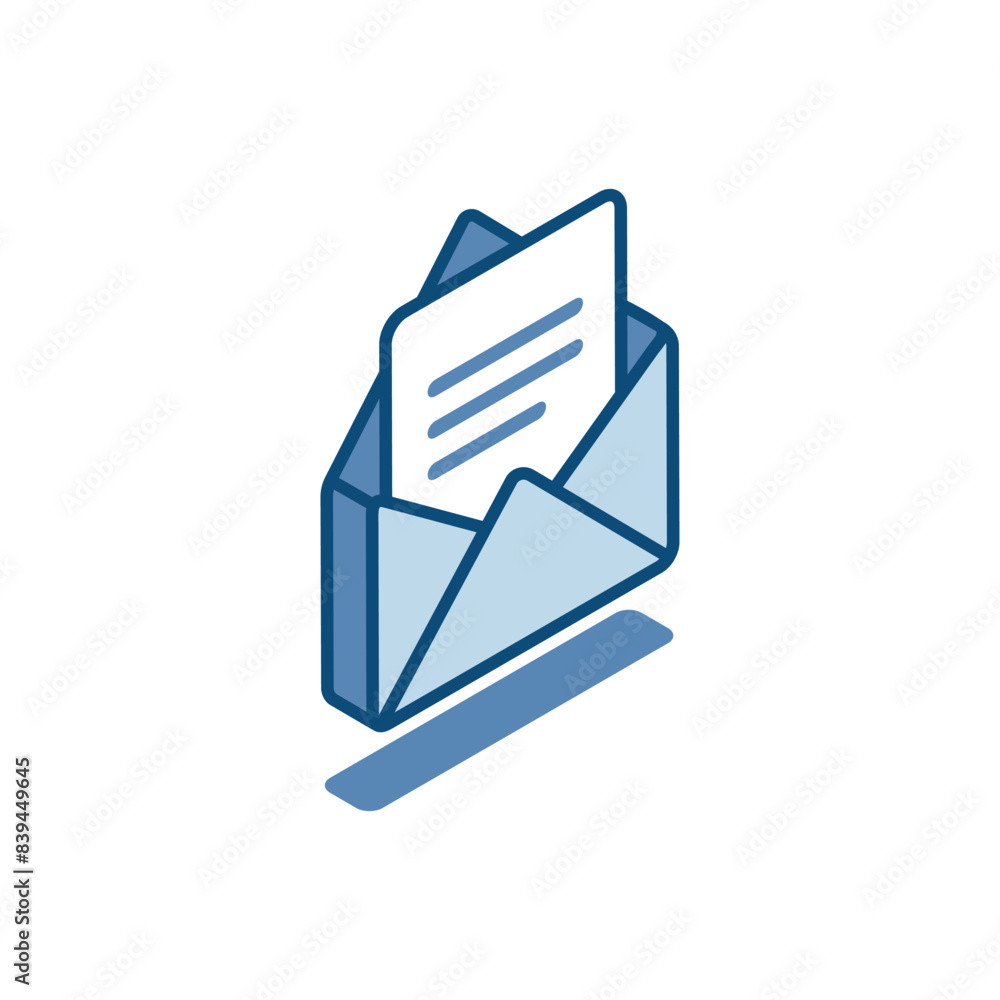 Poster isometric vector open envelope linear icon, in color on white background, read letter or text docume