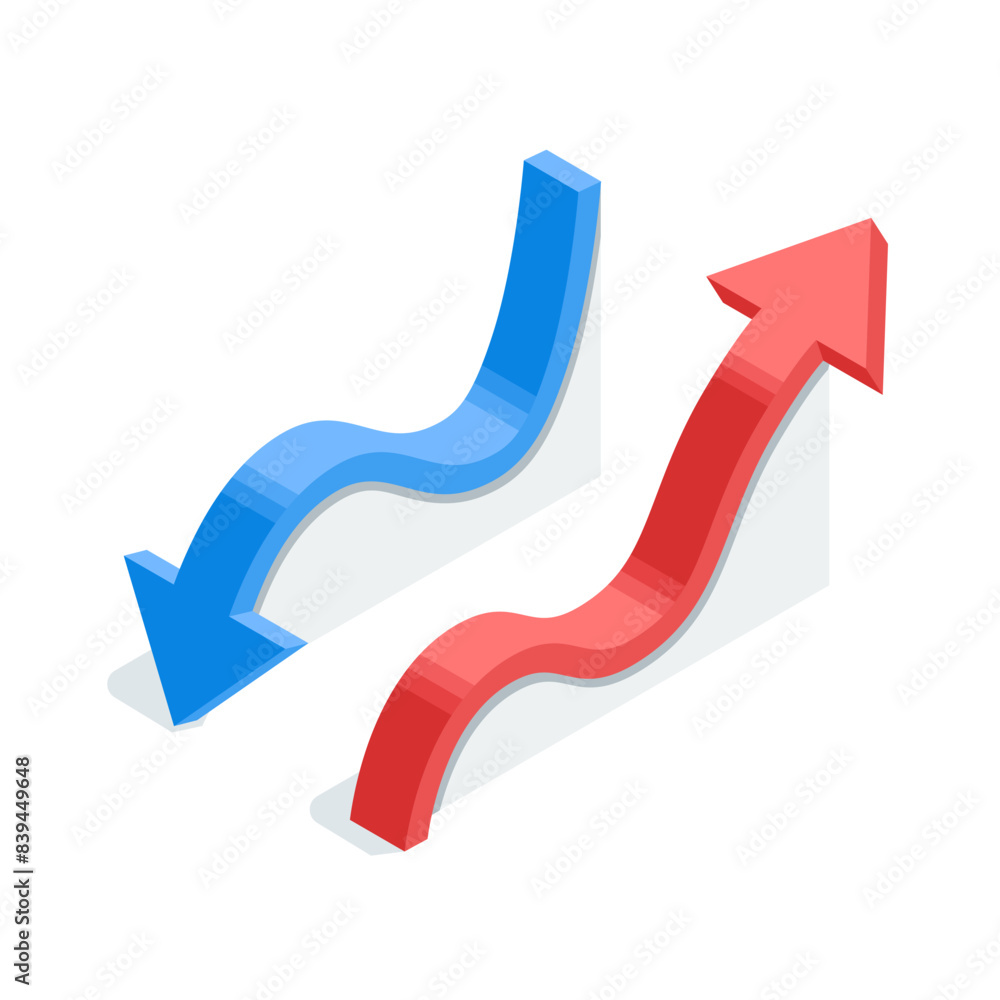 Poster isometric vector chart arrows for indicating statistical data or infographics, in color on a white b