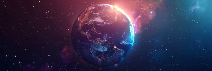 Fototapeta premium Abstract planet Earth with glowing lights and a holographic effect on a dark blue background, depicting a global network concept in a digital technology