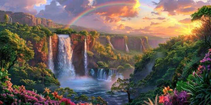 Rainbow and waterfall scene in a peaceful setting - Powered by Adobe