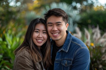 Fototapeta premium Portrait of a grinning asian couple in their 20s sporting a rugged denim jacket while standing against lush green garden