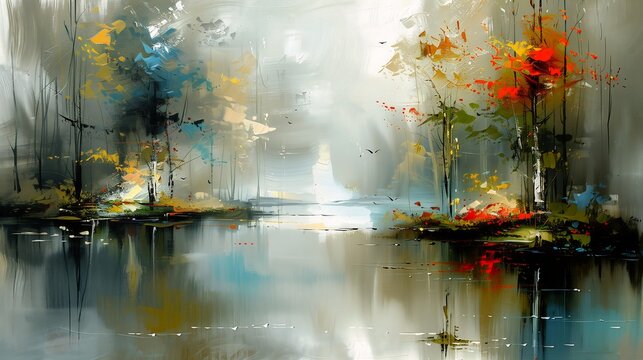 lake trees boat brush stroke abstract colors forbidden beauty wow oil naturalistic technique foggy pond