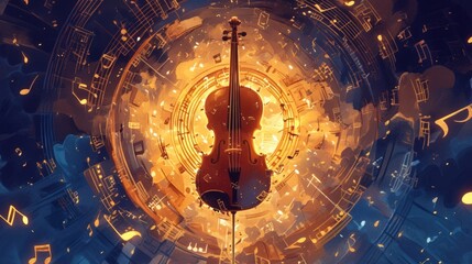 A violin is surrounded by musical notes, illustrations Musical Instruments, fiddle and musical notes.