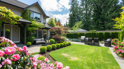 Fototapeta premium Beautiful backyard landscape design, cozy patio area with flowers, grass, hedges, and a sitting area 