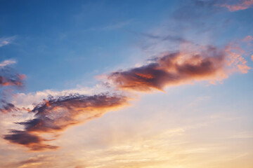 Pastel colors of the sky at sunset sunset. The sky with colorful clouds. Without any birds. Natural cloud landscape.