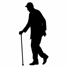 Old man walking and leaning on a cane, on a white background