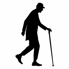 Old man walking and leaning on a cane, on a white background