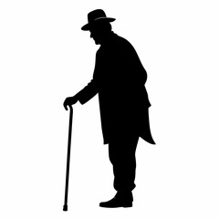 Old man walking and leaning on a cane, on a white background