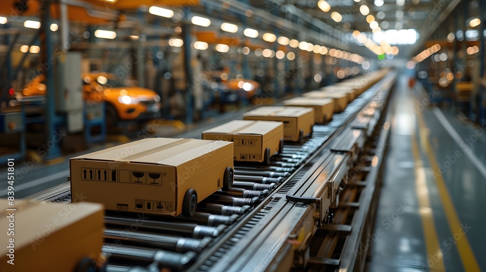 Poster highly efficient modern factory automation and logistics with conveyor belt and package delivery