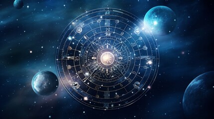 Zodiac astrological chart with planets in outer space