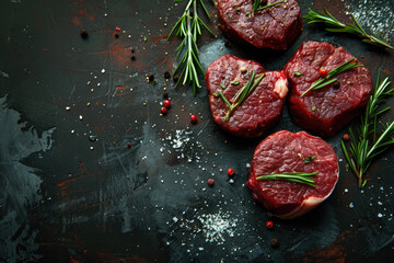 Raw beef fillet mignon steaks with herbs and spices on dark stone background