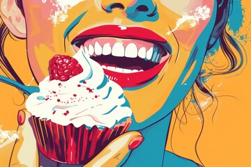 a woman happily eating dessert with a smile