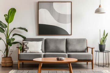 A simple modern living room with a sofa, coffee table and large framed artwork on the wall.