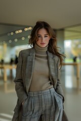 woman gray coat tan turtleneck sweater gorgeous professional business suit looks talented macintosh plus model short torso influencer pursed lips huge belt standing lake